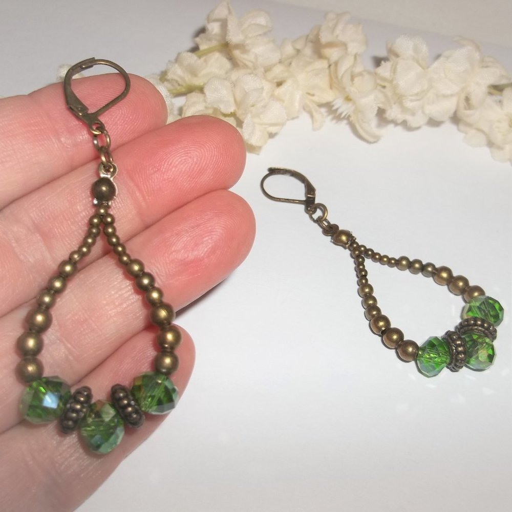 Faux Emerald Green and Bronze Hoop Earrings Boho Style Jewelry Gift Idea 7040 - Picture 6 of 6